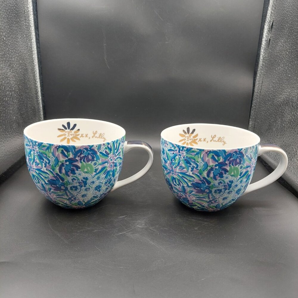 Lilly Pulitzer Hidden Cat Floral Set of 2 Coffee Mug Blue Purple Gold Trim